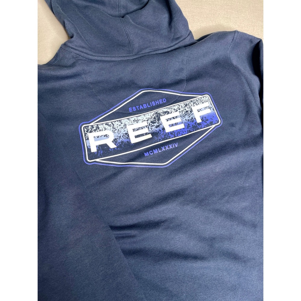 Reef‎ Mens Navy Blue Logo Graphic Pullover Hoodie Sweatshirt Large